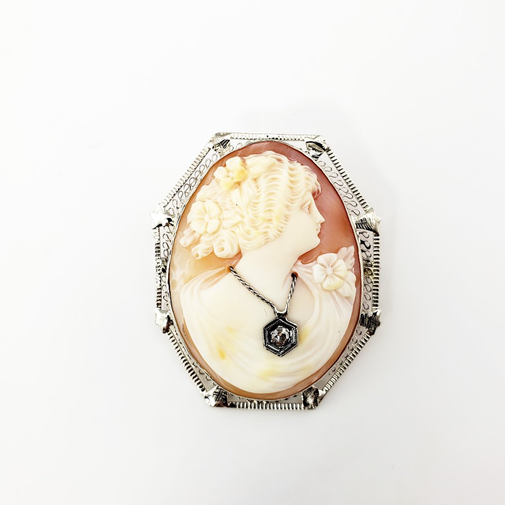 Vintage 14 Karat White Gold And Diamond Cameo Brooch/Pendant #7309